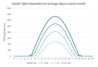 Graph showing inside light intensities for average days in each month