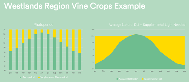 Two graphs showing photoperiod + supplemental photoperiod and average natural DLI + supplemental light needed at westlands region vine crops