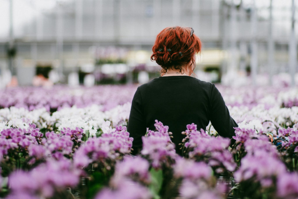 Girl standing in a greenhouse with orchid