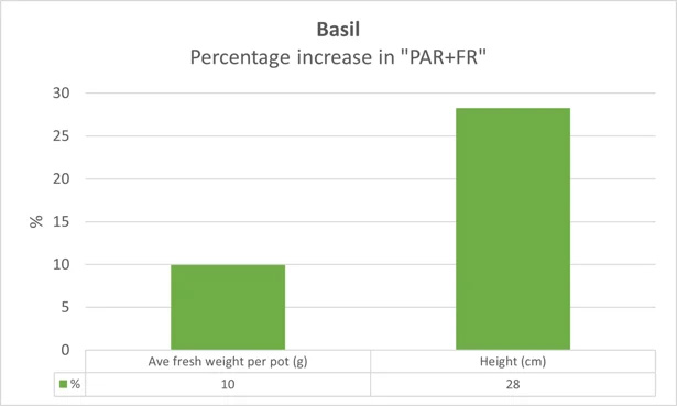 Graph showing the result from basil grown under PAR + far-red in height and ave fresh weight per pot