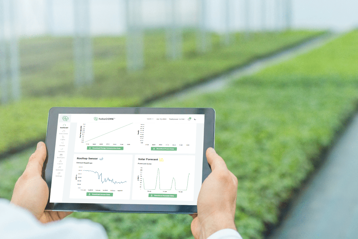 Ipad in greenhouse showing helioCORE interface